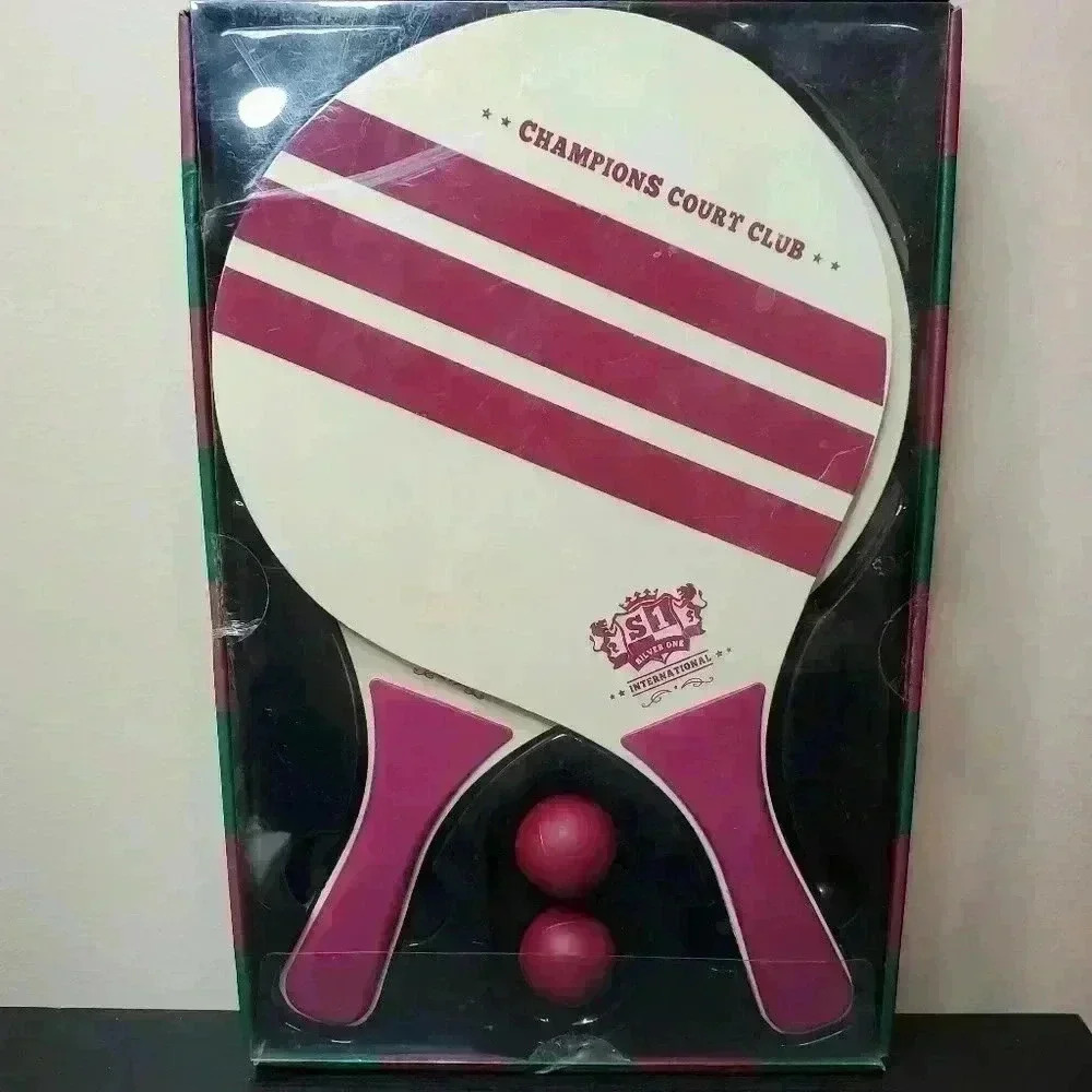 New Champions Court Club Wooden Paddle & Ball Beach Set / 2 Paddles 2 Balls